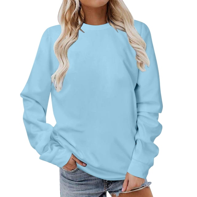 LMKIHUSA Chandail Molletonné Surdimensionné pour Femmes à Manches Longues, Décontracté, Mode, Chandail à Col Rond, Uni, Tunique Confortable pour Adolescentes, Bleu Ciel, TG