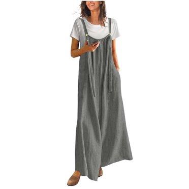 UPPADA Combinaisons pour Femmes Chic Sans Manches Salopette Combinaison Décontractée Unie Été Automne Jambe Grand Tablier Pantalon à Bavette avec Poches Cadeau pour Femmes Gris,G