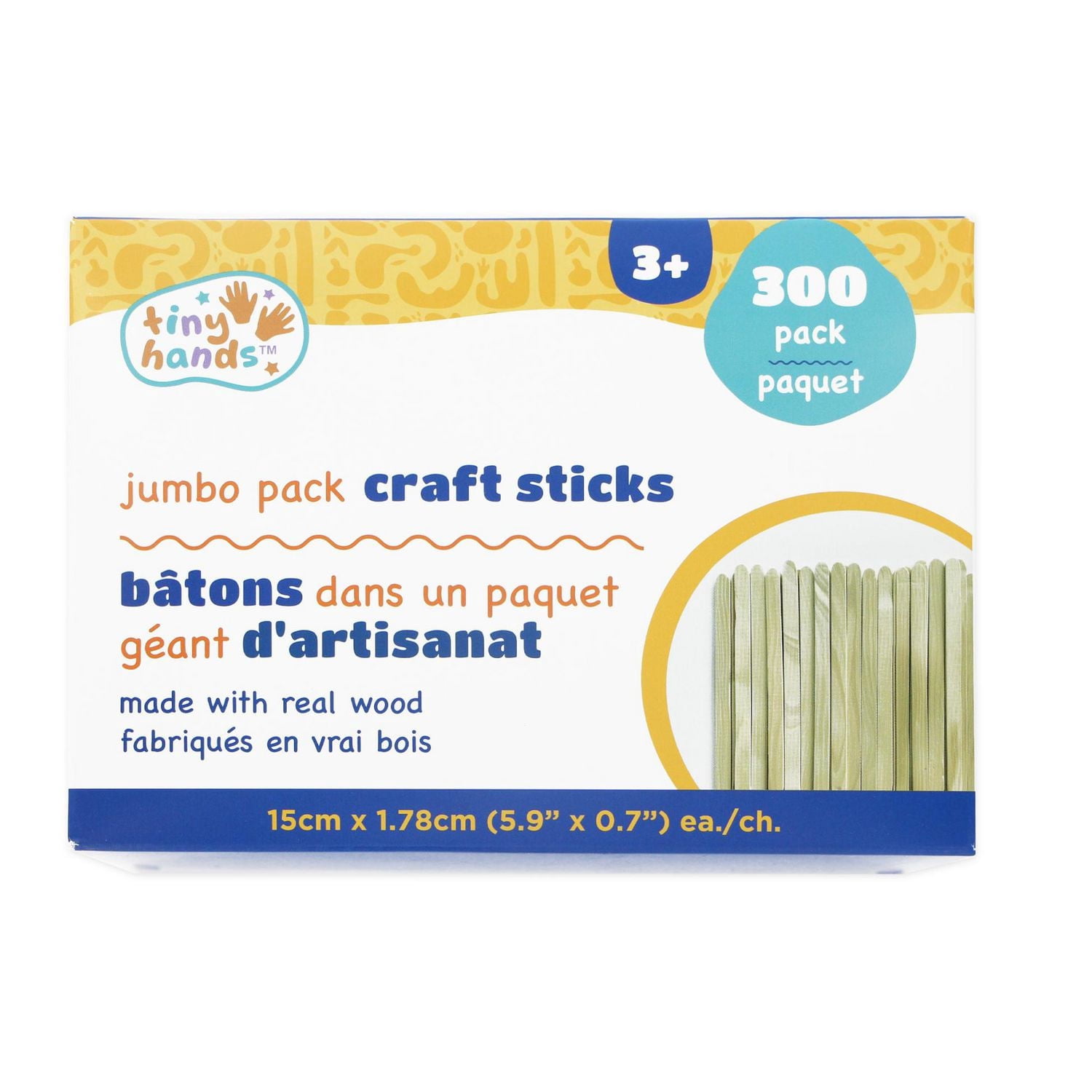 TINY HANDS Wooden Craft Sticks, Jumbo Pack, 300 pcs, 15 cm (5.9 in) × 1.8 cm (0.7 in) each, Age 3+, Kids