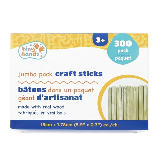 TINY HANDS Wooden Craft Sticks, Jumbo Pack, 300 pcs, 15 cm (5.9 in) × 1.8 cm (0.7 in) each, Age 3+, Kids, 15 cm (5.9 in), 300pcs