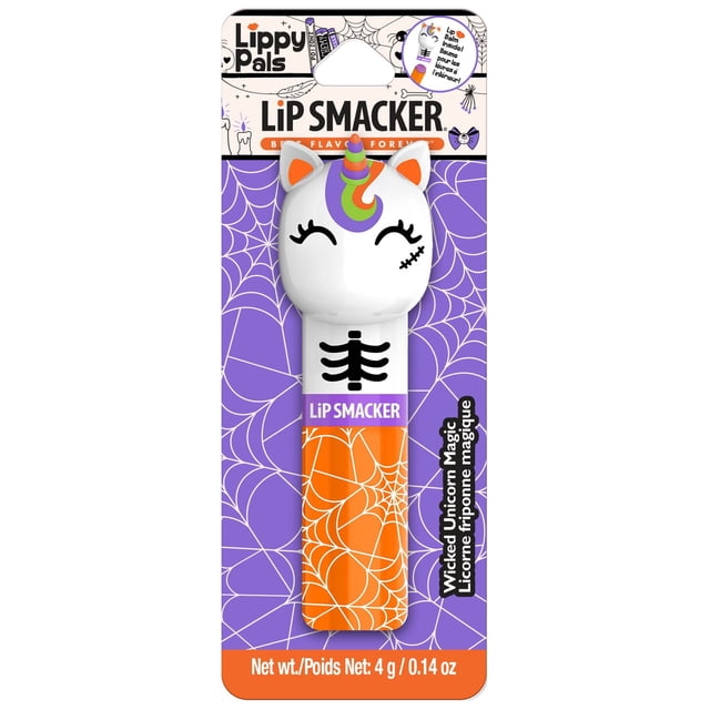Halloween Lippy Pal Lip Smacker lip balm in Wicked Unicorn Magic flavor featuring a white unicorn head with orange ears, a purple, green, and orange horn, and a stitched scar. The orange balm tube has white spiderweb patterns and a black ribcage graphic, set on a purple spiderweb background. Ideal as a fun kids' beauty gift or stocking stuffer.