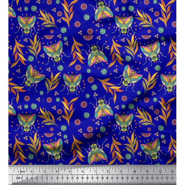 Soimoi Rayon Fabric Leaves,Floral & Housefly Insects Printed Fabric 1 Yard 42 Inch Wide