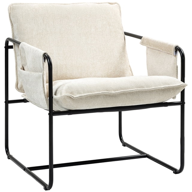 HOMCOM Modern Accent Chair, Chenille Armchair with Side Pockets, Beige