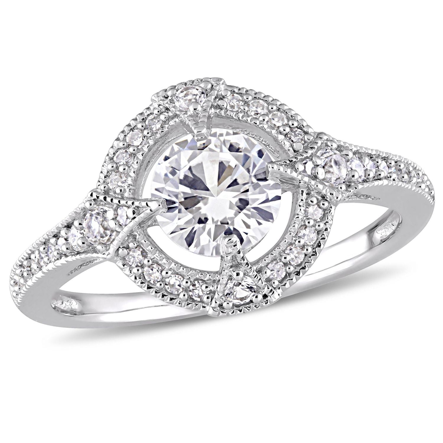 Bague de fiançailles Miabella avec saphir blanc synthétique 1-1/6 CT PBT et diamants 1/6 CT poids total en argent sterling