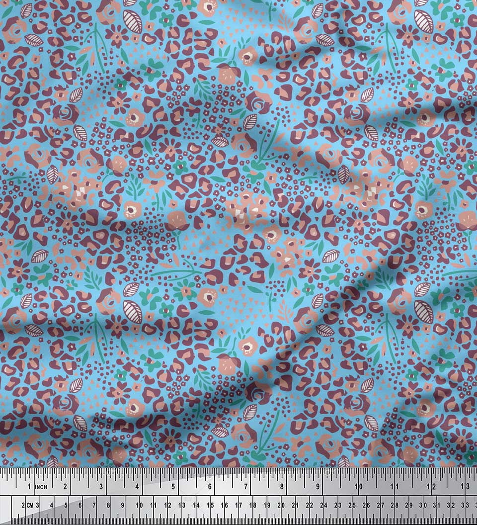 Soimoi Blue Silk Fabric Floral & Leopard Animal Skin Printed Fabric 1 Yard 42 Inch Wide