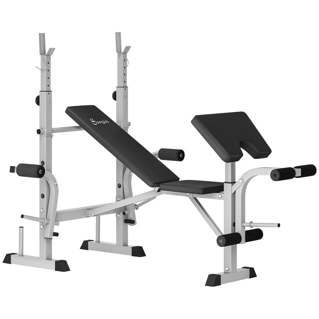Soozier Adjustable Weight Bench Multi-Function Bench Press Set in grey, ideal for strength training and home gym setups. Features a preacher curl pad, butterfly curl, leg curl, bench press, and barbell rack. Includes a height-adjustable barbell rack, padded cushions with wipe-clean PU leather, and posts for barbell plate storage. Strong steel frame with adjustable bench positions for flat or incline exercises.