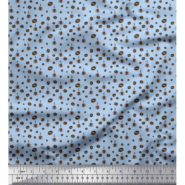 Soimoi Poly Georgette Fabric Coffee Beans & Coffee Beverages Print Fabric by Yard 52 Inch Wide