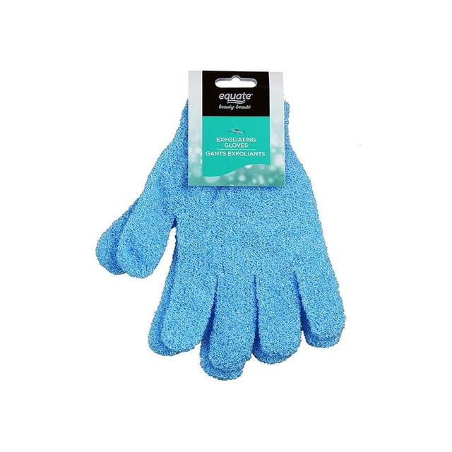 EQUATE BEAUTY EXFO GLOVE in blue, textured exfoliating gloves designed for bath and shower use, featuring a rough surface to cleanse and exfoliate skin, with packaging label showing brand and product name, suitable for body care routines.