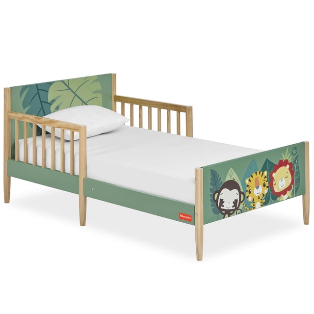 Fisher Price Fauna Collection Lit pour Tout-Petit Safari Dreams par Dream On Me avec Cadre Vert et Lattes Latérales en Bois Naturel, Imprimé de Feuilles de jungle sur la Tête de Lit, et Singe, Tigre et lion de Dessin Animé sur le Pied de Lit, Mesurant 54.06” L x 29.68” L x 23.74” H.