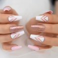 thumbnail image 1 of Medium Coffin Press On Nails With Design Pink Double V Pattern Glitter False Nails Long Acrylic False Nails Kit Ballerina Tips, 1 of 6
