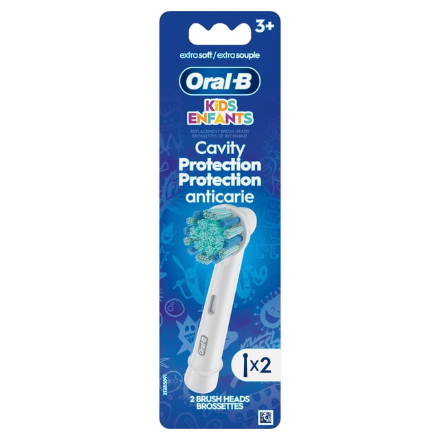Oral-B Kids Extra Soft Replacement Brush Heads, 2 count, cavity protection, with white round brush heads featuring extra soft blue and green bristles gentle on children's teeth and gums, compatible with Oral-B Kids electric toothbrushes, and blue indicator bristles that fade to white to signal replacement time.