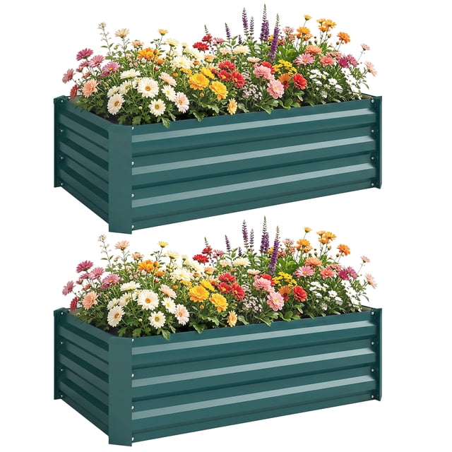 Outsunny Set of 2 Raised Garden Beds, Galvanized Planter Box, Green
