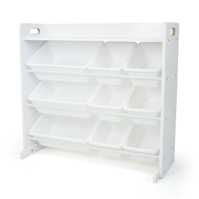 Humble Crew Cambridge White Toy Storage Organizer with Shelf and 9 Storage Bins, a white engineered wood frame with three tiered shelves holding six standard and three large BPA-free plastic bins, designed for organizing children's toys, books, and games in bedrooms or playrooms, also suitable for craft supply storage.
