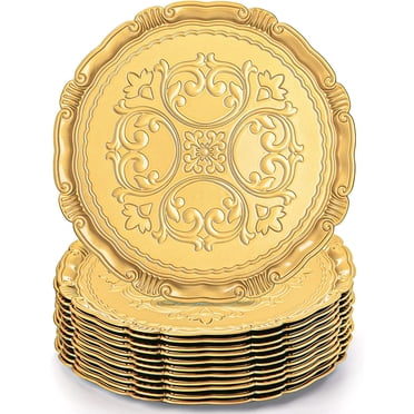GFDYREE Set of 12 Plastic Gold Charger Plates, 13 Inch Decorative Golden Plate Charger for Dinner Plates, Embossed Vintage Reusable Charger Plate for Home, Party, Wedding