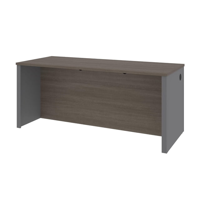 Bestar Prestige + 72W desk shell featuring a white chocolate wood grain finish top and front panel with Antigua light gray side panels.