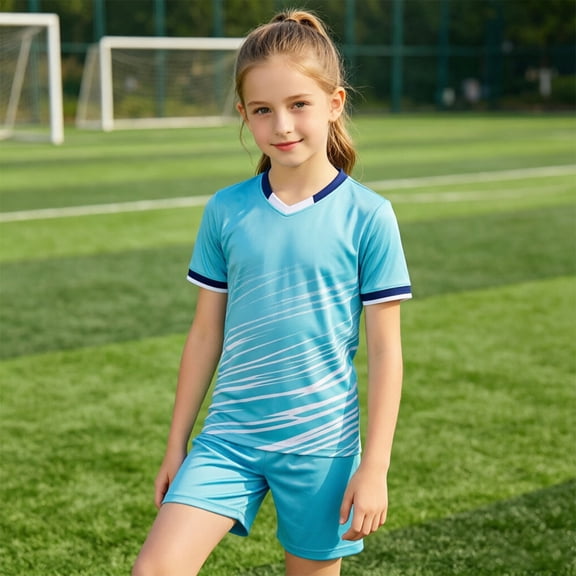 Maillots de Soccer pour Ados Garçons, Tenue de Soccer Respirante 2 Pcs, T-Shirt à Manches Courtes et Shorts, Bleu Ciel, Vêtements d'Entraînement, Vêtements Garçons Filles, Taille 11-12 Ans