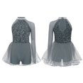 thumbnail image 3 of TTAO Robe Justaucorps de Danse Jazz à Paillettes pour Filles, Manches Longues, avec Strass, Tutu de Danse, Gris 12, 3 of 4