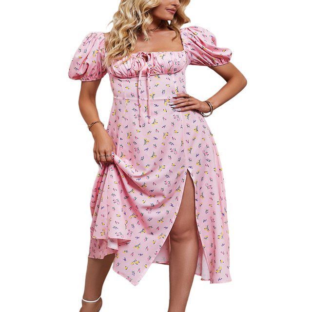 Women Ruffle Short Sleeve Square Neck Boho Floral Midi Dress Flowy A Line Long Dress