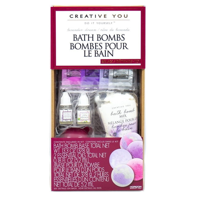 Creative You D.I.Y. Lavender Dream Bath Bombs kit with bath bomb mix, two essential oils, and four mica powder colors in grey, pink, dark purple, and light purple, designed to create five scented bath bombs with jasmine and lavender oils for a relaxing bath and skin care benefits.