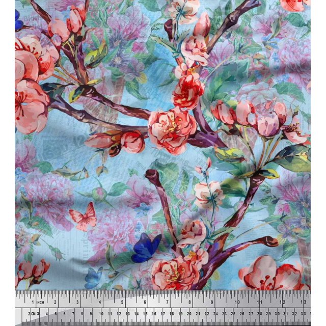 Soimoi Blue Polyester Crepe Fabric Insect,Peach & Pink Floral Decor Fabric Printed BTY 52 Inch Wide