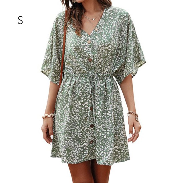 Robe Femme Col en V Vêtements d'Été Imprimé Floral Robe à Manches Courtes Florale, Vert, S