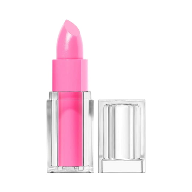 Clean Lip Color satin finish lipstick in bright pink with clear rectangular case and cap, moisturizing vegan formula infused with squalane, avocado, and aloe for 24-hour wear, non-drying hydration, and smooth application