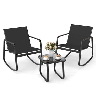 Costway 3 Piece Patio Rocking Set 2 Rocking Bistro Chairs & Glass-Top Table for Porch