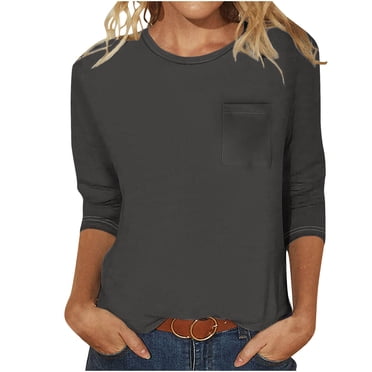 AherBiu T-Shirts pour Femmes Col Rond Manches 3/4 Manches Courtes Hauts Décontractés Été Légers Amples T-Shirts Basiques Couleur Unie