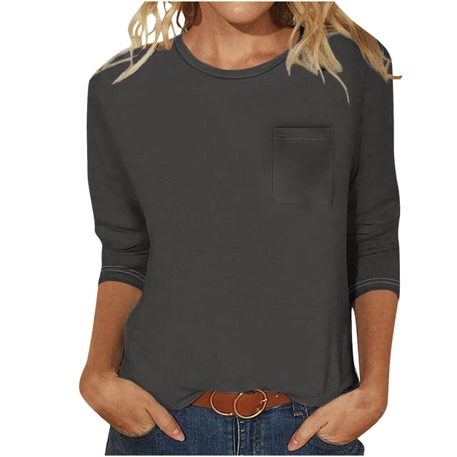 Womens Casual Solid Color Round Neck 3/4 Sleeve And 3/4 Sleeve Pocket Top