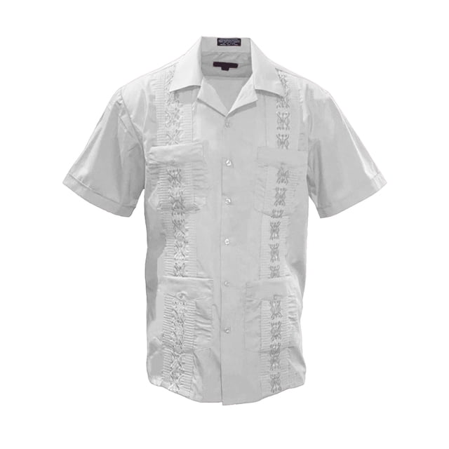 Gravity Threads Mens Guayabera Summer Shirt in white, size 2X-Large. This classic Cuban button-down shirt features short sleeves, four front pockets, and vivid embroidery designs down both sides. Made of 60% cotton and 40% polyester, it is lightweight and ideal for summer occasions.