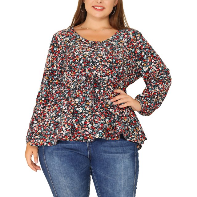 GRACE & GRANDEUR Plus Size Blouses for Women V Neck Button Up Ruffle Flowy Tunic Peplum Tops Black 1X