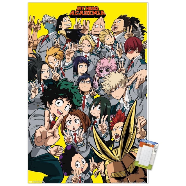 My Hero Academia - Affiche Murale Selfie, 22,375 Pouces x 34 Pouces, Représente Plusieurs Personnages d'Anime en Uniforme Scolaire en Pose avec des Signes de Paix sur un Fond Jaune Vif, Imprimée sur Papier d'Art photo Brillant avec Onglets Adhésifs pour une Suspension Facile et Sans Dommages, Convient à la Décoration de Chambre, Dortoir Ou Bureau.
