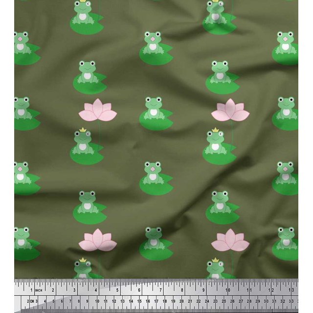 Soimoi Rayon Fabric Lotus & Frog Kids Print Fabric by The Yard 42 Inch Wide