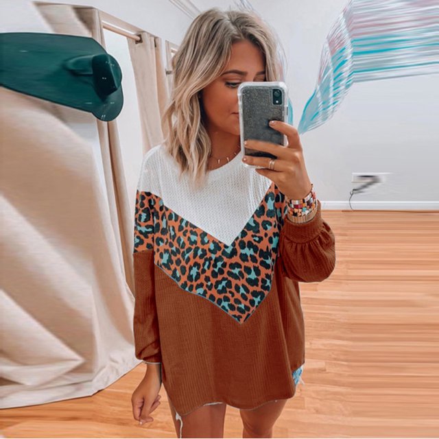 RKSTN Sweaters for Women Fashion Leopard Print Comfortable Long Sleeves Sweater Tops Fall Sweaters