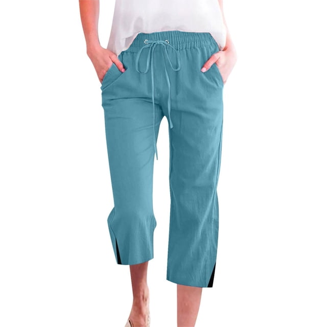 Women Spring And Summer Solid Color Pocket Drawstring And Linen Casual Loose Straight Slit Home Cropped Pants plus Size Womens Pants Casual Work Loose Pants for Women Elastic Waist Casual Sweatpants