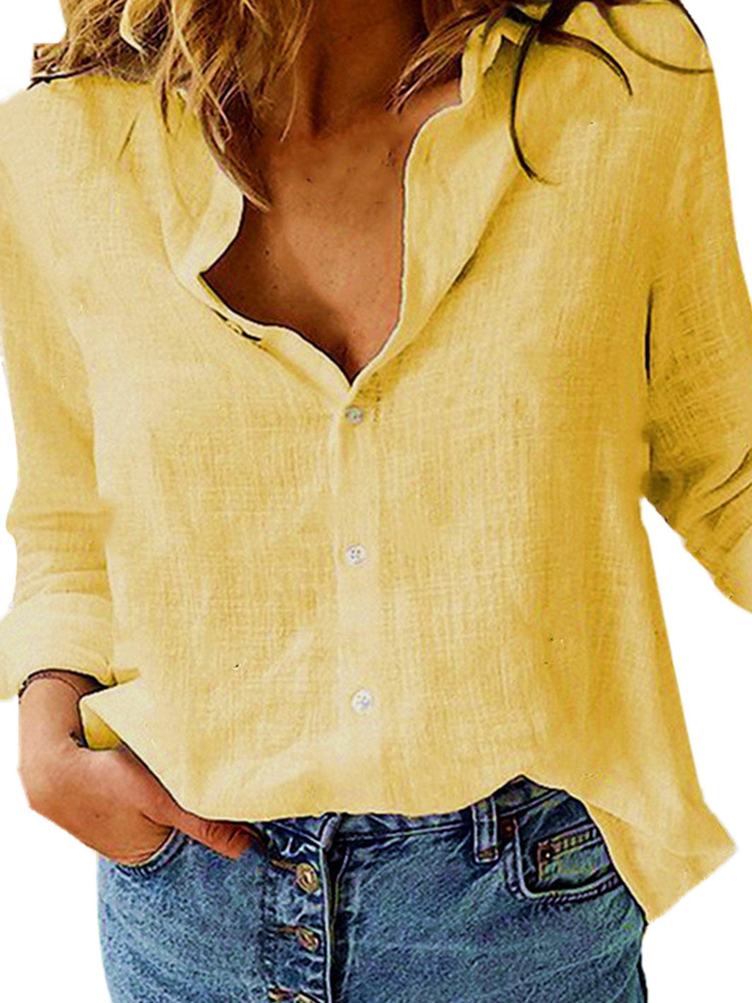 Innerwin Shirts Button Down Ladies Blouse Business Long Sleeve Loose Tops Yellow 4XL