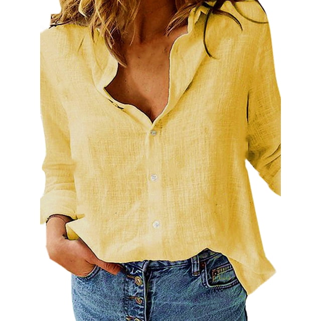 Innerwin Shirts Button Down Ladies Blouse Business Long Sleeve Loose Tops Yellow 3XL