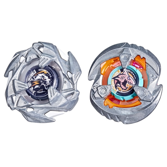 Beyblade X Gill Shark 4-70O & Pearl Tiger 3-60U Dual Pack Set featuring two right-spinning battling tops with metallic silver die-cast blades; one with a shark design and the other with orange and blue tiger accents, displayed on a white background, ideal for competitive Beyblade X battles.