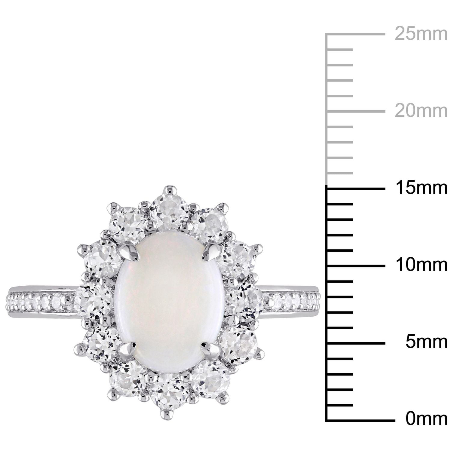 Bague en forme de auréole avec opale et topazes blanches 2 ct PBT et diamants 0,10 ct poids total, en argent sterling