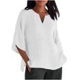 thumbnail image 1 of Dealovy Plus Size Shirts for Women 3/4 Sleeve Notch V Neck Cotton Linen Tops Summer Solid Color Tees, 1 of 5