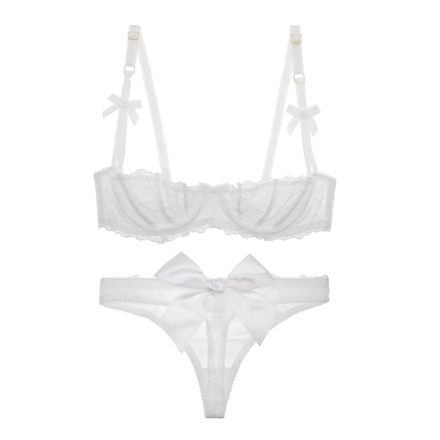 Soutien-gorge Balconnet Demi-Bonnet Non Doublé en Dentelle pour Femme à Armatures, Transparent, et String Transparent