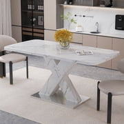 Morufur Modern Rectangle Dining Table with Extendable, White Marble Patterned Table Top with X-Shape Leg and Metal Base