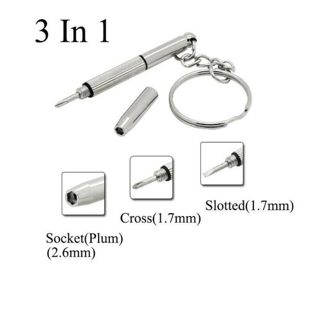 Allume 1Pc Eyeglass Screwdriver, a 3-in-1 mini repair tool in silver, featuring slotted (1.7mm), Phillips (1.7mm), and hexagon socket (2.6mm) screwdriver heads. Includes a keychain attachment for portability, ideal for eyeglasses, phones, watches, and small repairs.