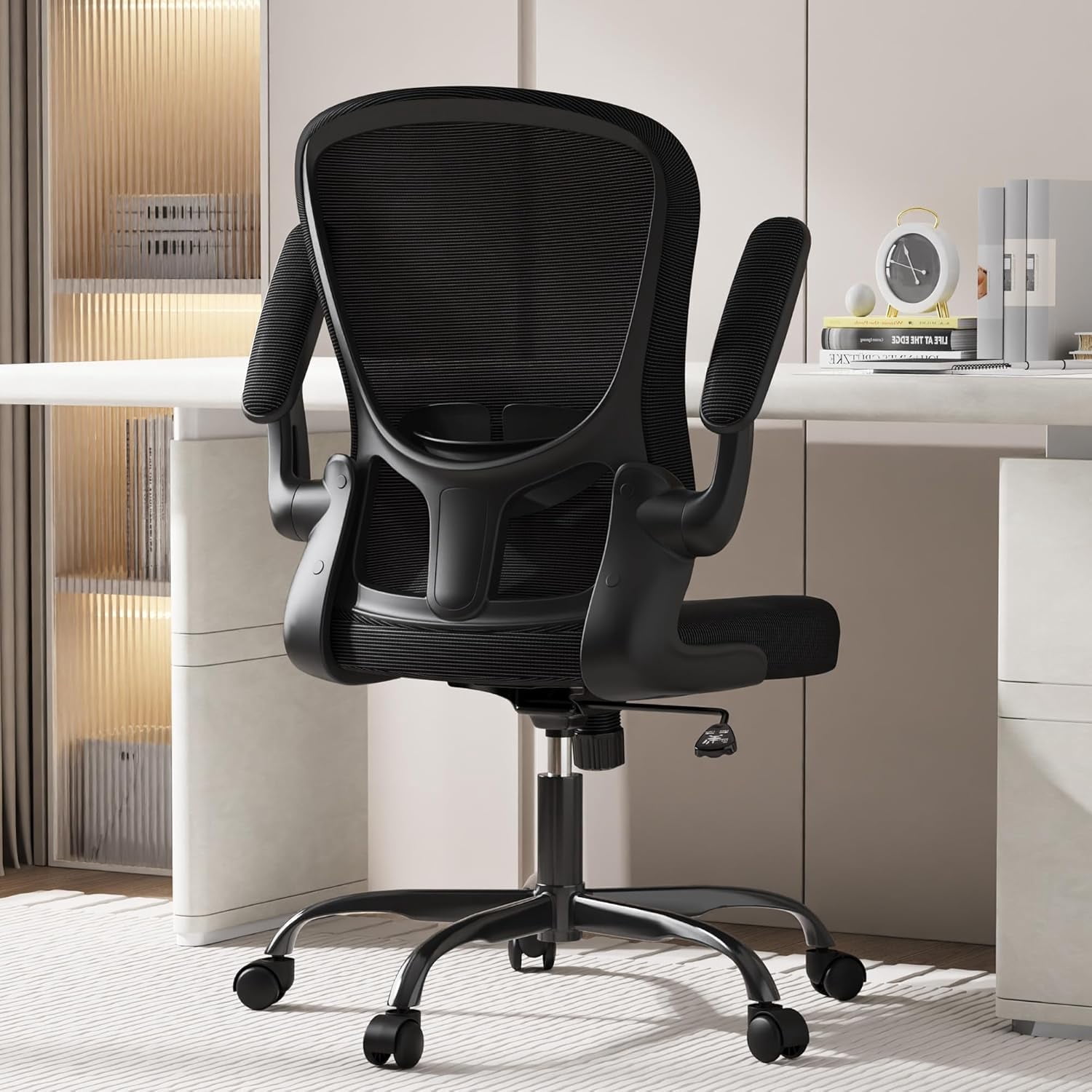 COOLHUT Office Chair , Ergonomic Desk Chair with Flip-up Armrests , High Back Mesh Computer Chair with Adjustable Lumbar Support, Rolling Swivel Comfy Task Chairs for Home Office, Black