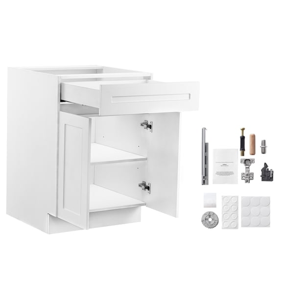 KFFKFF White Shaker Base Cabinet with Drawer, 24-Inch Unassembled Drawer Base Cabinet, 24" W x 24" D x 34.5" H Ready to Assemble Cabinet with Soft-Close Doors and Adjustable Shelf, for Home Office
