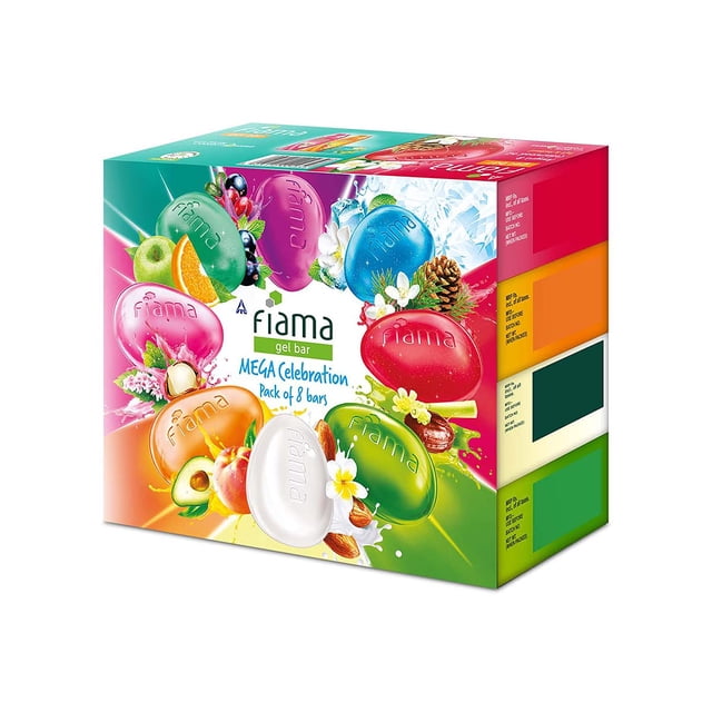 Fiama Barre de Bain en Gel Mega Celebration, 125 g Chacune, Lot de 8. l'Emballage Présente des Visuels Colorés des Huit Barres de Gel, Chaque Barre Enrichie d'Ingrédients Naturels comme des fruits, des Fleurs et des Noix. Il Met en Valeur Trois Nouvelles Variantes Conçues pour Offrir une Peau Douce, Hydratée et Lumineuse.