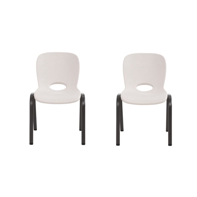 LIFETIME Kids Stacking Chairs Bundle, 2 Pack, Bronze with two white contoured polyethylene seats featuring oval cutouts in the backrests and black powder-coated steel legs, designed for durability and easy stacking, suitable for indoor and outdoor kitchen and dining use.