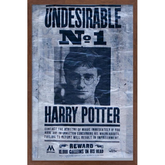 The Wizarding World: Harry Potter - Undesirable Wall Poster, 22.375" x 34" is a framed vintage-style wanted poster with bold black text 'UNDESIRABLE No. 1 HARRY POTTER' on a distressed white background. It includes a black square photo placeholder, Ministry of Magic logos, and a 10,000 Galleons reward notice for information on Harry Potter, warning of imprisonment for failure to report. Ideal for Harry Potter-themed room decor or party use.