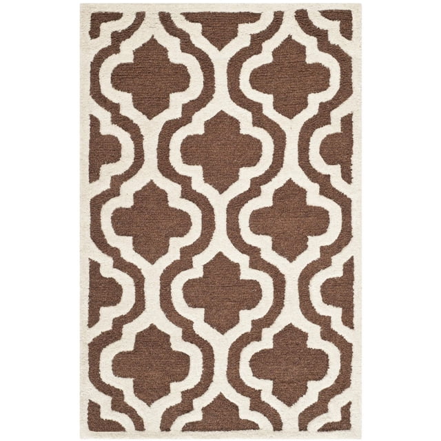 Safavieh Cambridge Kirsten Geometric Area Rug in brown and cream hand-tufted wool featuring a textured geometric pattern with plush cut and loop piles, ideal for modern home or office accent decor.