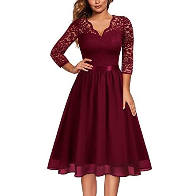 Robes pour Femmes 2023 Mode Femme Uni Dentelle Manches 3/4 Corset Évasée Col en V Robe de Soirée Robes de Soirée pour Femmes Élégante Chic en Liquidation